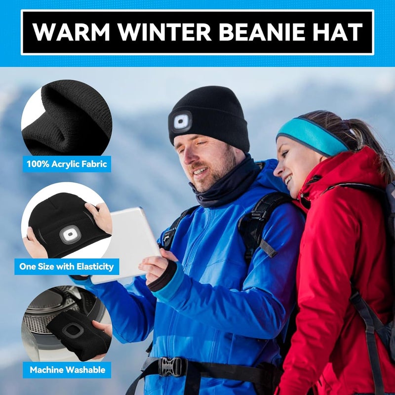 FFIPBGE Christmas Stocking Stuffers for Men Adults, Beanie Hats with Light, USB Rechargeable LED Hand Free Headlamp, Birthday Gifts for Men, Women, and Teens, Ideal for Camping, Hiking, 2 Pack, Black - Image 4